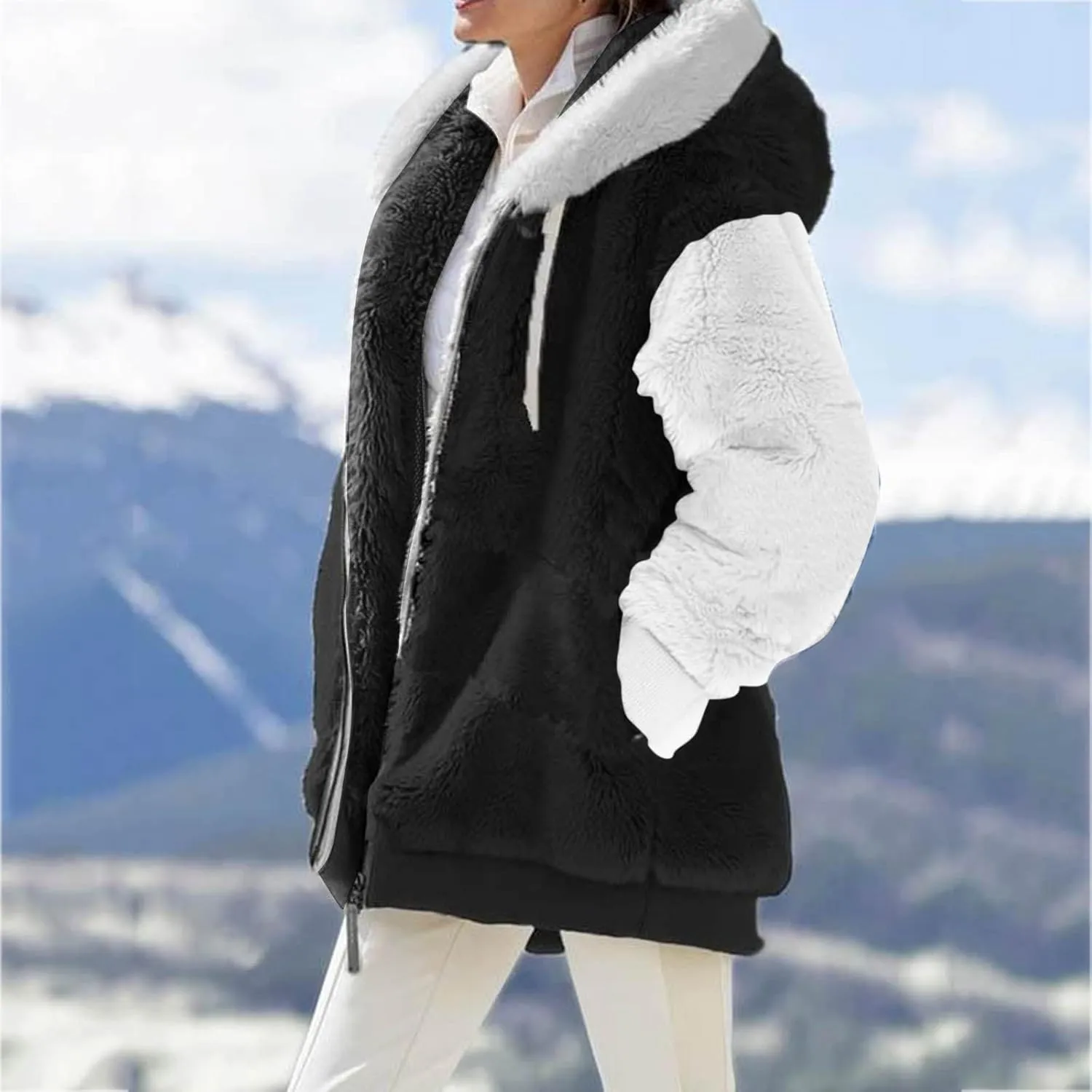 Womens Winter Jacket Coats Pockets Cute Hooded Pullover Sweatershirt Solid Artificial Wool Thermal Sweatshirt Long