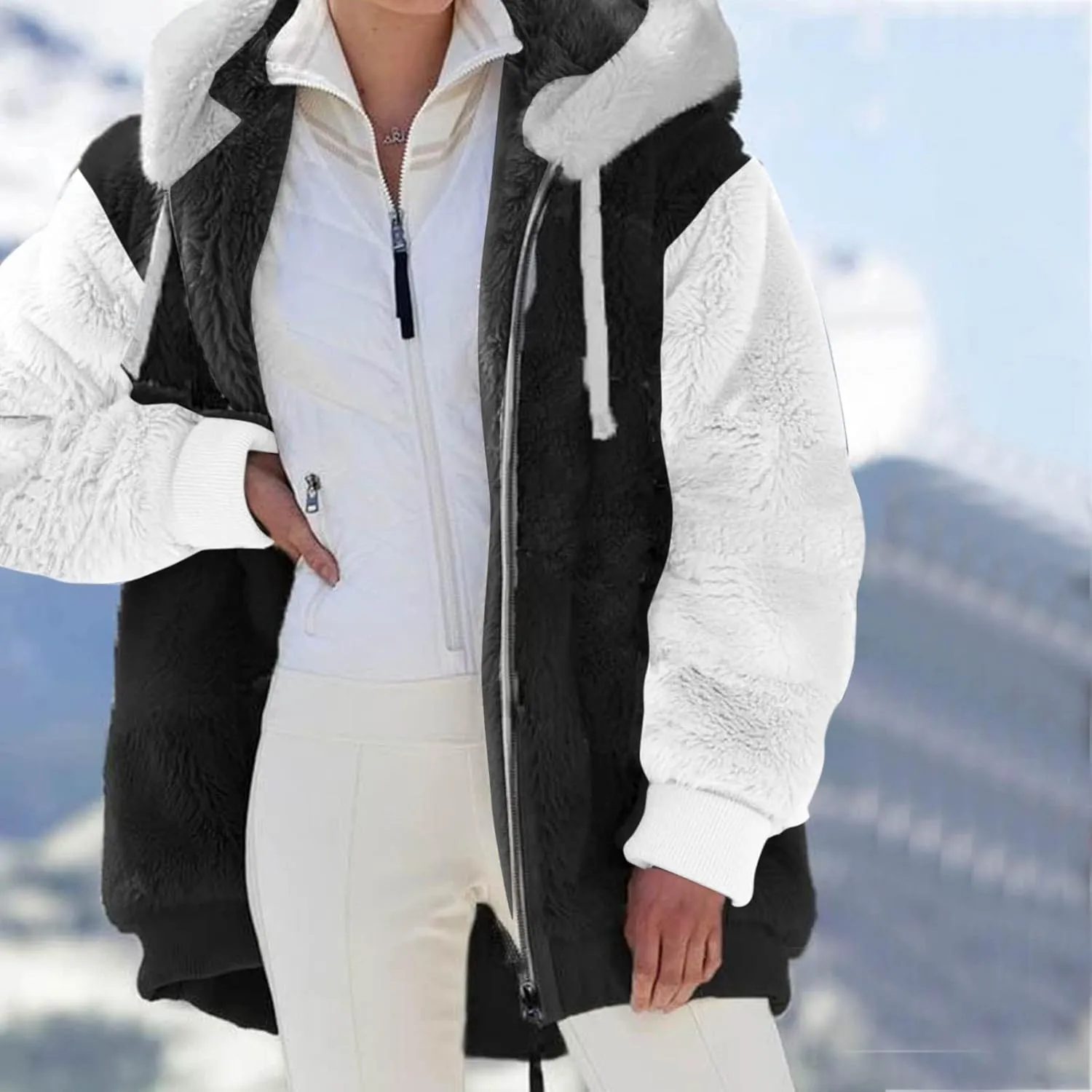 Womens Winter Jacket Coats Pockets Cute Hooded Pullover Sweatershirt Solid Artificial Wool Thermal Sweatshirt Long