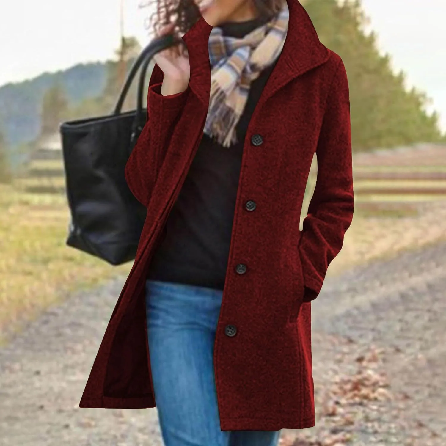 Women's Winter Wool Blend Pea Coat Single Breasted Stand Collar Casual Trench Coat Overcoat with Pockets