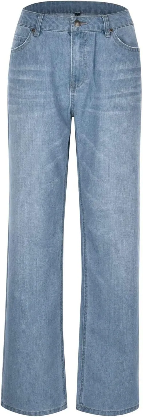 Women's Work Jeans - Trendy Stretchy Retro Wash Old High Waisted Pull On Jeggings Loose Straight Leg Cute Jeans