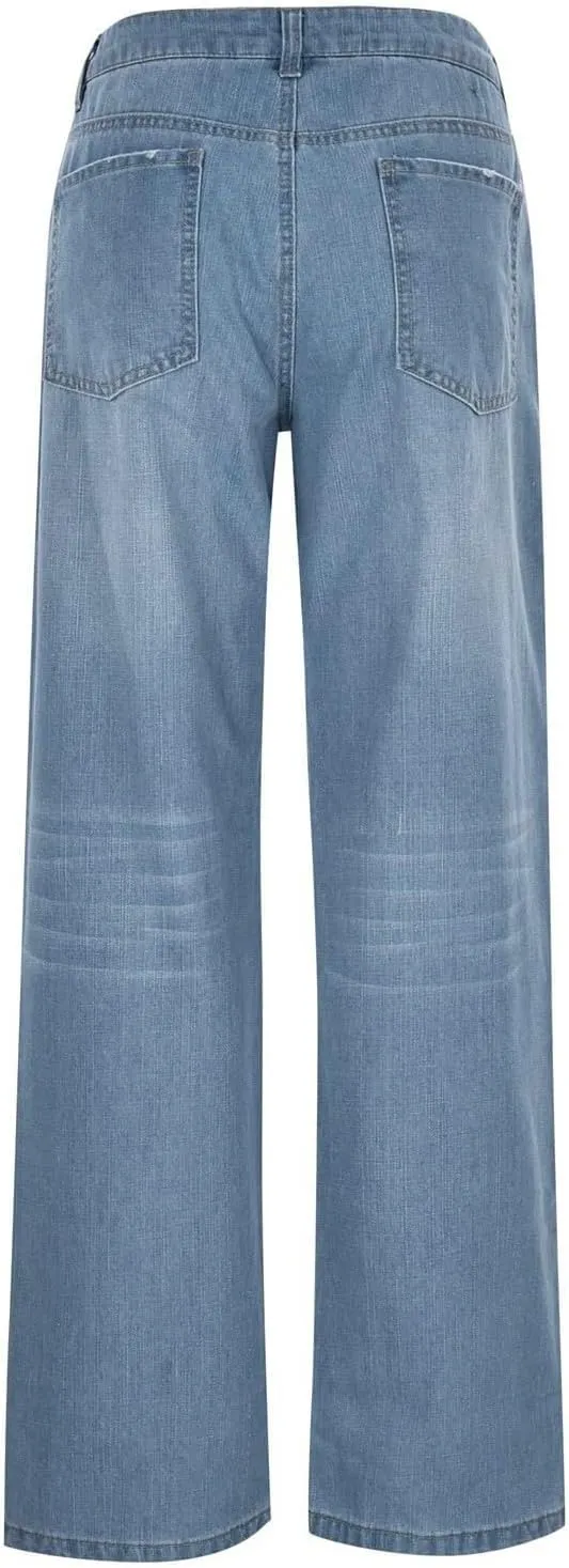 Women's Work Jeans - Trendy Stretchy Retro Wash Old High Waisted Pull On Jeggings Loose Straight Leg Cute Jeans
