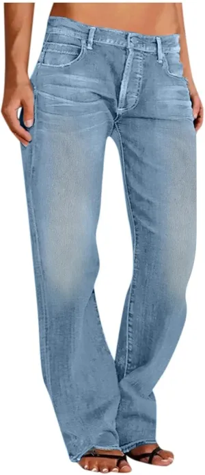 Women's Work Jeans - Trendy Stretchy Retro Wash Old High Waisted Pull On Jeggings Loose Straight Leg Cute Jeans