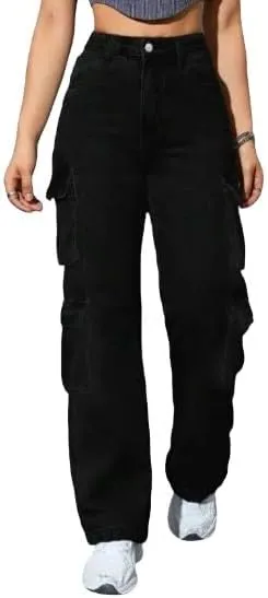 Women's Y2K High Waist Multi-Pocket Straight Leg Cargo Jeans - Casual Denim Pants