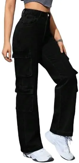 Women's Y2K High Waist Multi-Pocket Straight Leg Cargo Jeans - Casual Denim Pants