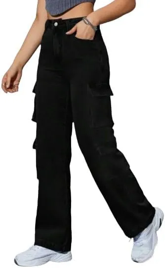 Women's Y2K High Waist Multi-Pocket Straight Leg Cargo Jeans - Casual Denim Pants