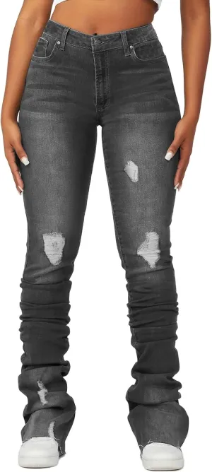Women's Y2K Stacked Jeans Fashion Ripped High Waisted Bootcut Denim Pants Skinny Stretchy Jeans Streetwear Trousers