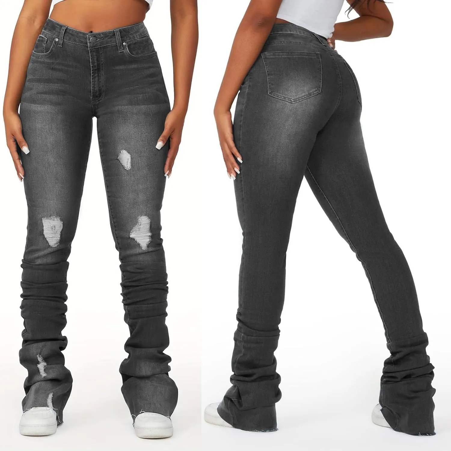 Women's Y2K Stacked Jeans Fashion Ripped High Waisted Bootcut Denim Pants Skinny Stretchy Jeans Streetwear Trousers