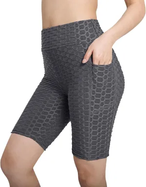 Women's Yoga Leggings Shorts Honeycomb Texture with Pocket Pants Shorts High Waist Stretchy Fitness Sports Shorts
