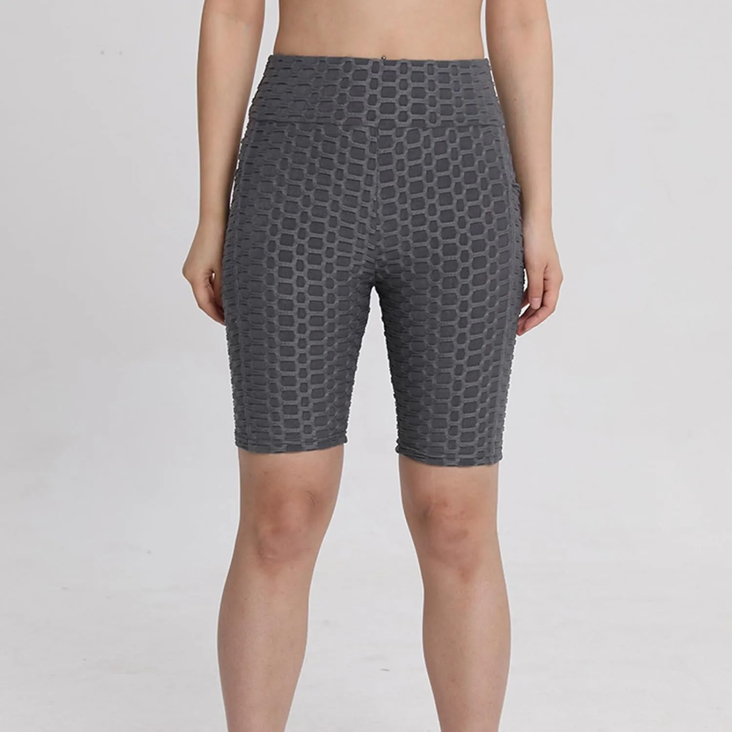 Women's Yoga Leggings Shorts Honeycomb Texture with Pocket Pants Shorts High Waist Stretchy Fitness Sports Shorts