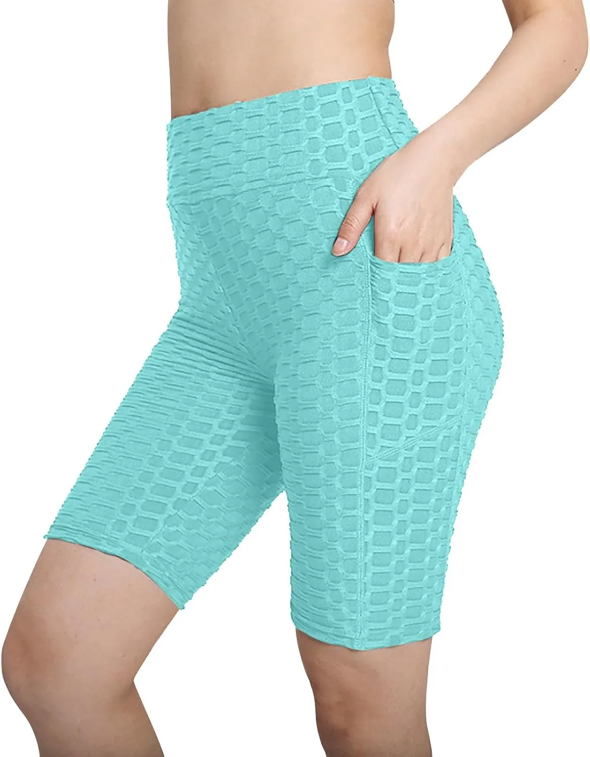 Women's Yoga Leggings Shorts Honeycomb Texture with Pocket Pants Shorts High Waist Stretchy Fitness Sports Shorts
