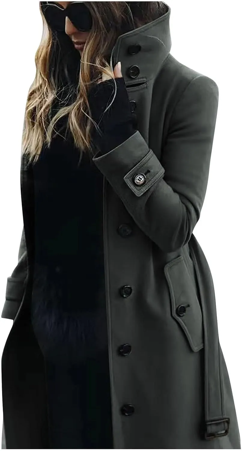 Wool Jacket Women Winter Wool Blend Camel Mid Coat Notch Single-Breasted Lapel Jacket Outwear Stand Collar Pea Coats