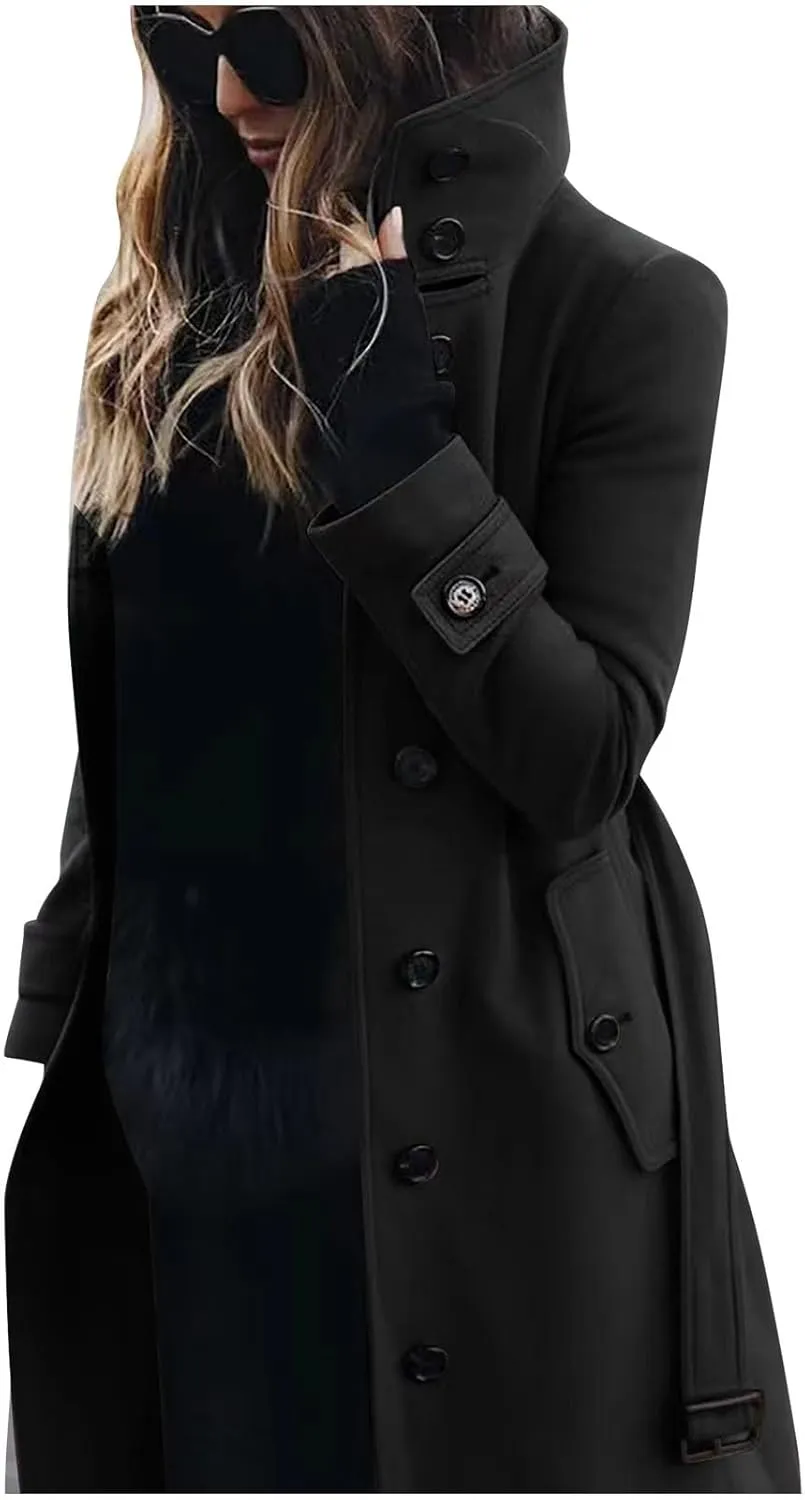 Wool Jacket Women Winter Wool Blend Camel Mid Coat Notch Single-Breasted Lapel Jacket Outwear Stand Collar Pea Coats