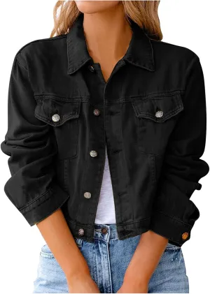 XUETON Denim Jackets for Women Long Sleeve Basic Vintage Lapel Button Down Jeans Trucker Jackets with Pockets(Black,X-Large)