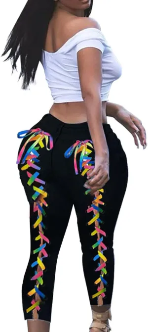 XUETON Skinny Jeans for Women High Waisted Lace Up Jean Back Colorful Bandage Jeans Distressed Skinny Leg Trousers Leggings(Black,X-Large)