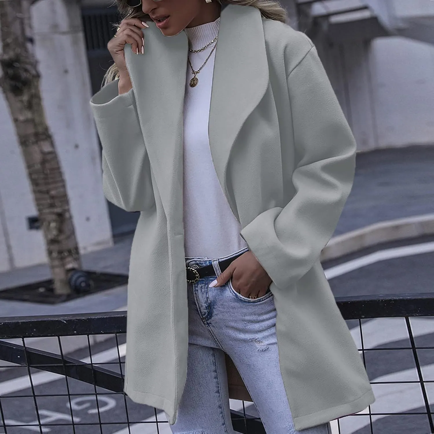 XUETON Womens Elegant Notched Collar Open Front Wool Blend Trench Coat Oversized Warm Winter Long Jackets Overcoat Outwear