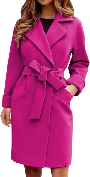 XUETON Womens Open Front Duster Trench Coat Winter Wool Blend Pea Coat Oversized Warm Lapel Work Business Jacket Outerwear(Hot Pink,Large)