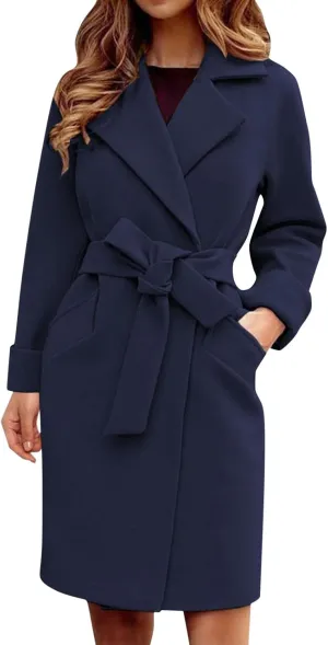 XUETON Womens Open Front Duster Trench Coat Winter Wool Blend Pea Coat Oversized Warm Lapel Work Business Jacket Outerwear(Navy,Medium)