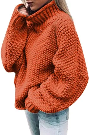 XUETON Womens Oversized Turtleneck Sweater Batwing Long Sleeve Casual Lightweight Loose Chunky Knit Pullover Knit Jumper Tops(Orange,Medium)
