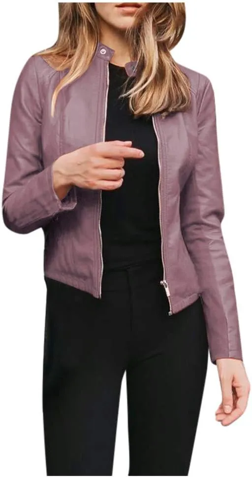 XUETON Womens Quilted Lined Faux Leather Jackets Zip Up Motorcycle Short PU Moto Biker Outwear Fitted Slim Coat Outwear(Purple,XX-Large)