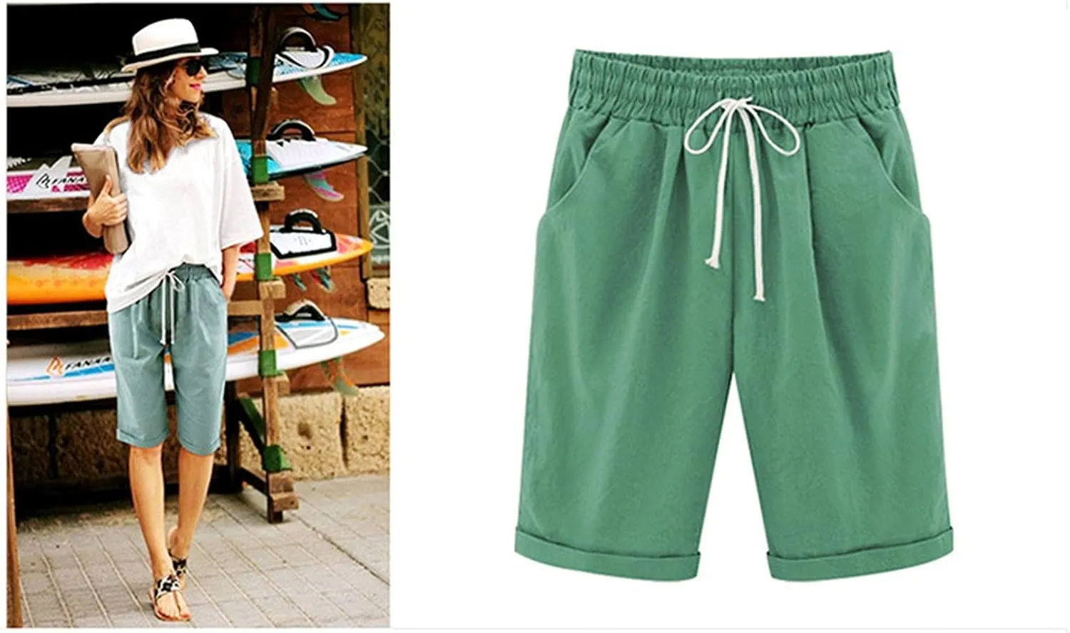 XUNRYAN Women's Bermuda Shorts Linen Cotton Long Shorts Shorts Athletic Yoga Workout Lounge Shorts Pockets Cargo Pants