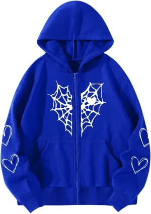 Y2K Hoodies for Women Pullover Print Graphic Pockets Hooded Jacket 90s Long Sleeve Sweatshirt Fall Drop Shoulder with Hood