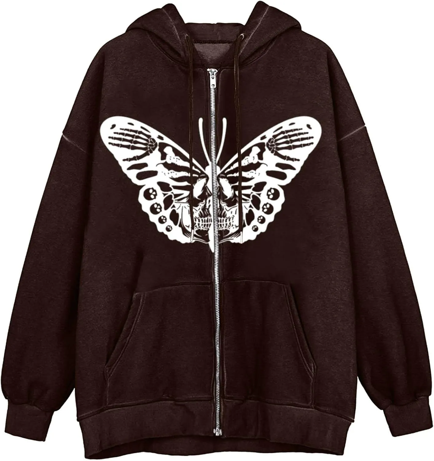 Y2K Hoodies for Women Zip Up Print Graphic Oversized Pockets Hooded Jacket 90s Long Sleeve Sweatshirt Dark Grunge Harajuku