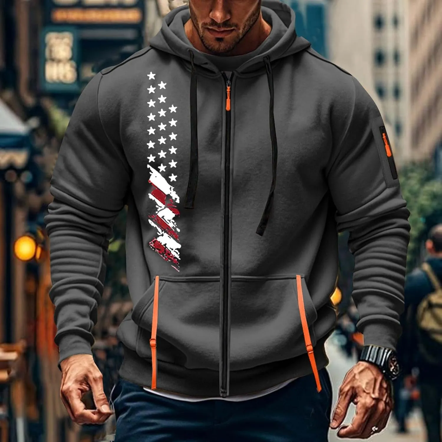 Zip Up Hoodie Men Lightweight Graphic Tactical Hoodies Multi-Pockets Workout Sweatshirts Outdoors Military Hoodie