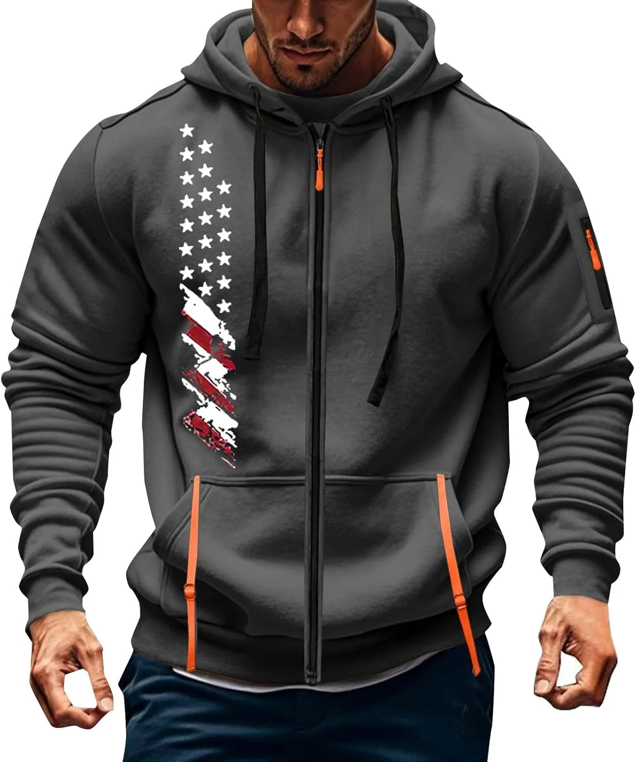 Zip Up Hoodie Men Lightweight Graphic Tactical Hoodies Multi-Pockets Workout Sweatshirts Outdoors Military Hoodie