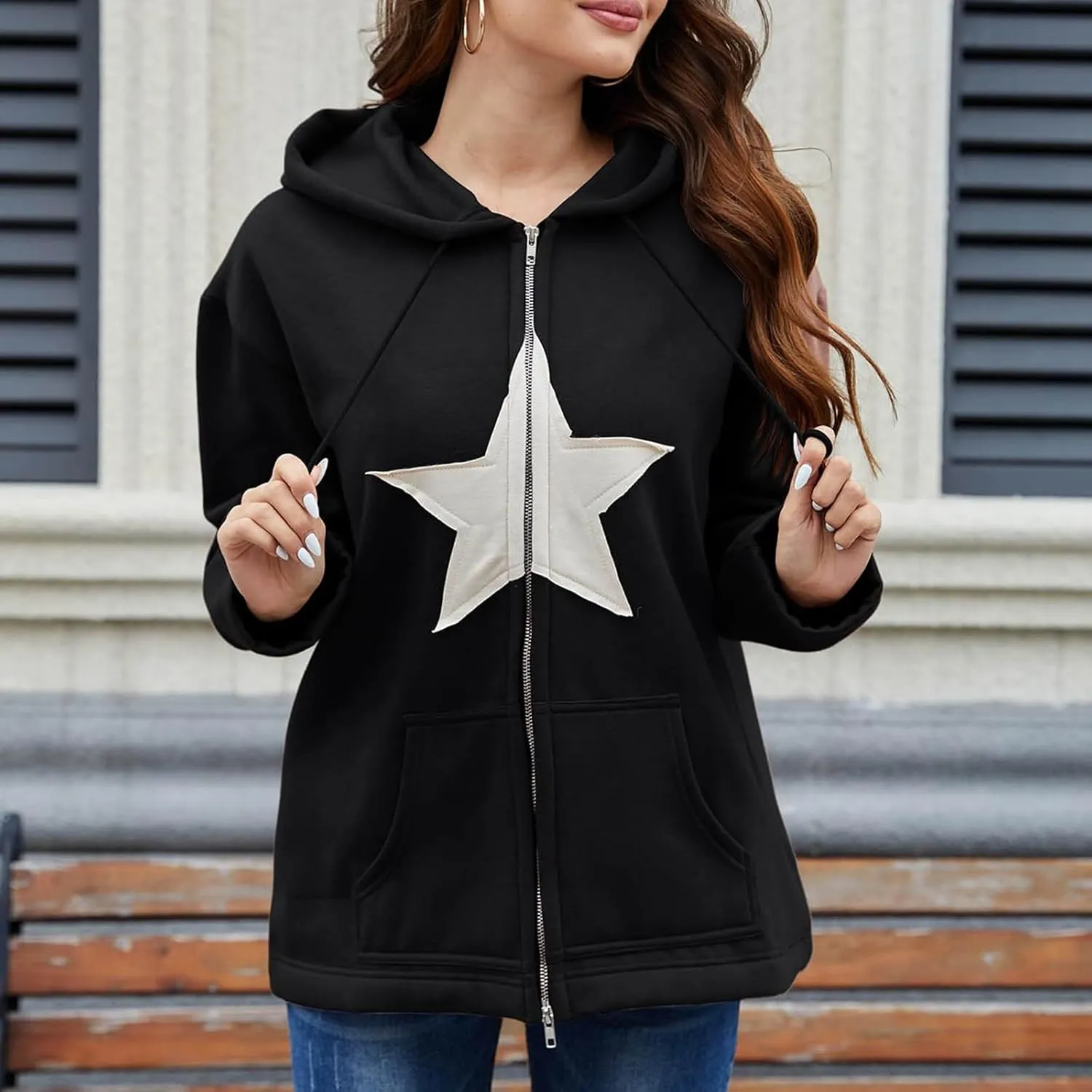 Zip Up Hoodie Women Long Sleeve Drawstraing Oversized Casual Sweatshirts Trendy Graphic Design Sweatshirt