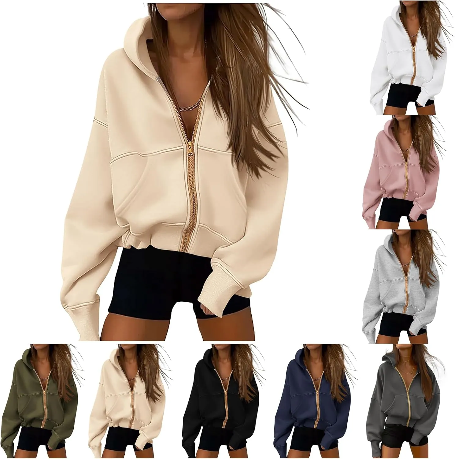 Zip Up Hoodie Women Long Sleeve Sweatshirt Casual Fleece Jackets Loose Cropped Jackets with Pockets Fall Outfits