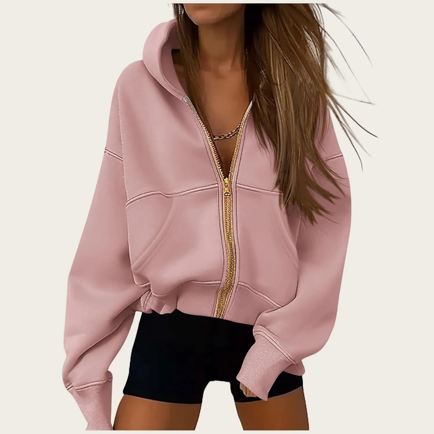 Zip Up Hoodie Women Long Sleeve Sweatshirt Casual Fleece Jackets Loose Cropped Jackets with Pockets Fall Outfits