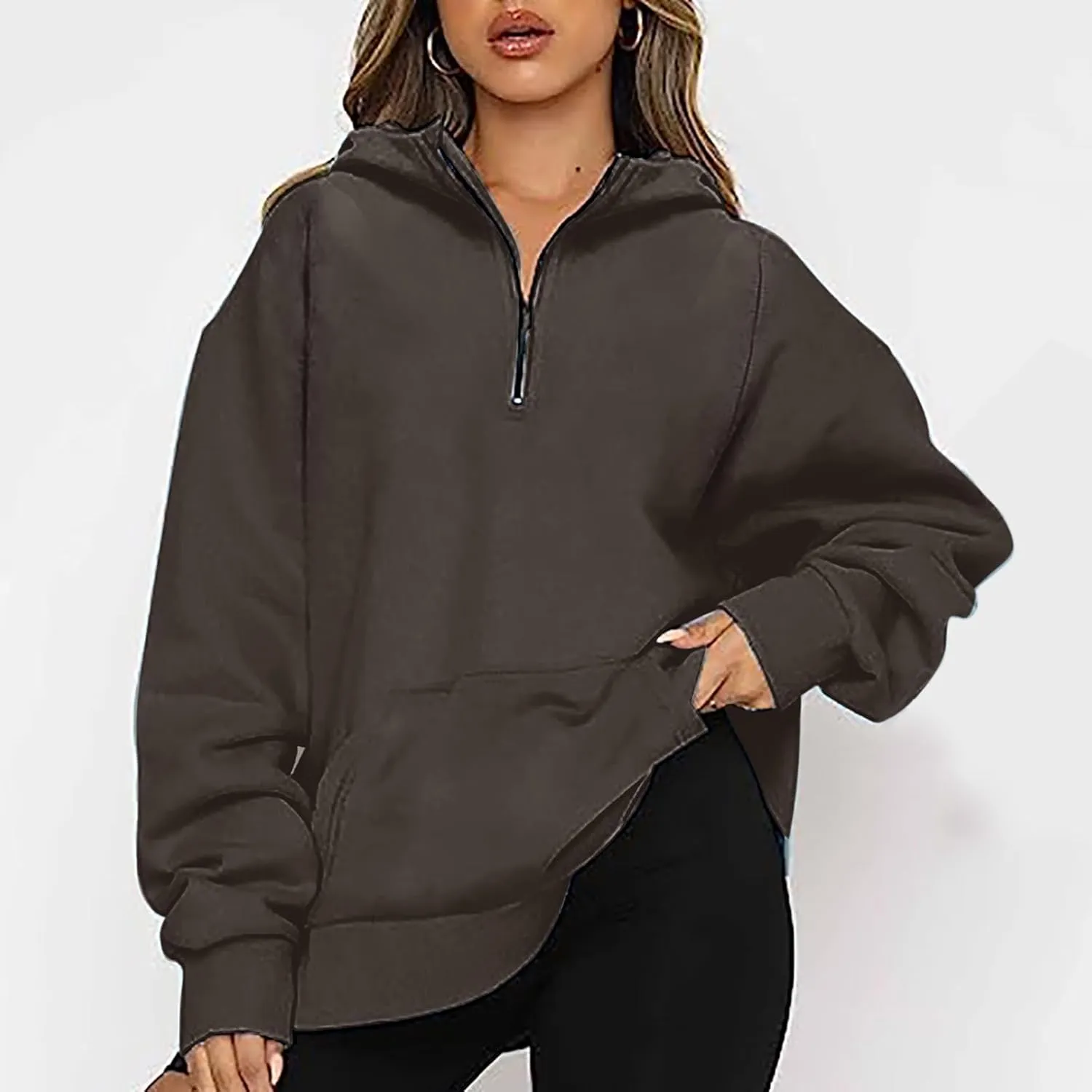 Zip Up Hoodies For Women Casual Fall Fashion Outfits Fleece Oversized Long Sleeve Quarter Zip Hooded y2k Sweatshirt