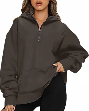 Zip Up Hoodies For Women Casual Fall Fashion Outfits Fleece Oversized Long Sleeve Quarter Zip Hooded y2k Sweatshirt