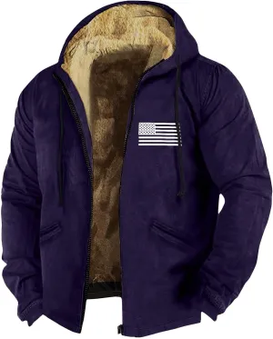 Zipper Hoodies for Men American Flag Print Sherpa Lined Flannel Hoodie Warm Cotton Fleece Jacket Fall Fashion Coat