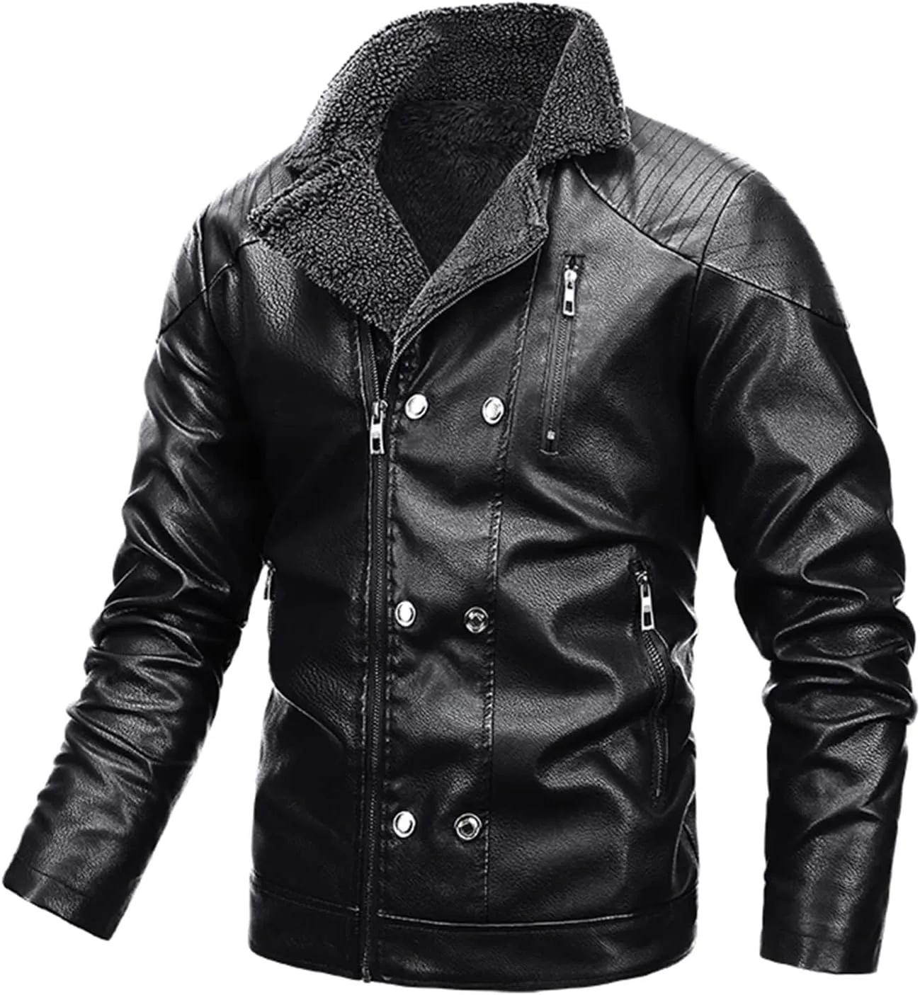 ZYXTIM Men's Classic Fit PU Faux Fur Leather Jackets Winter Sherpa Fleece Lined Aviator Bomber Jacket Windbreaker Outwear